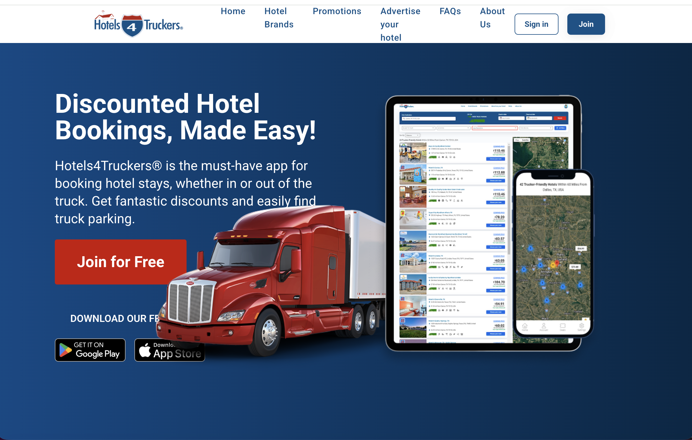 hotels4truckers.com homepage screenshot